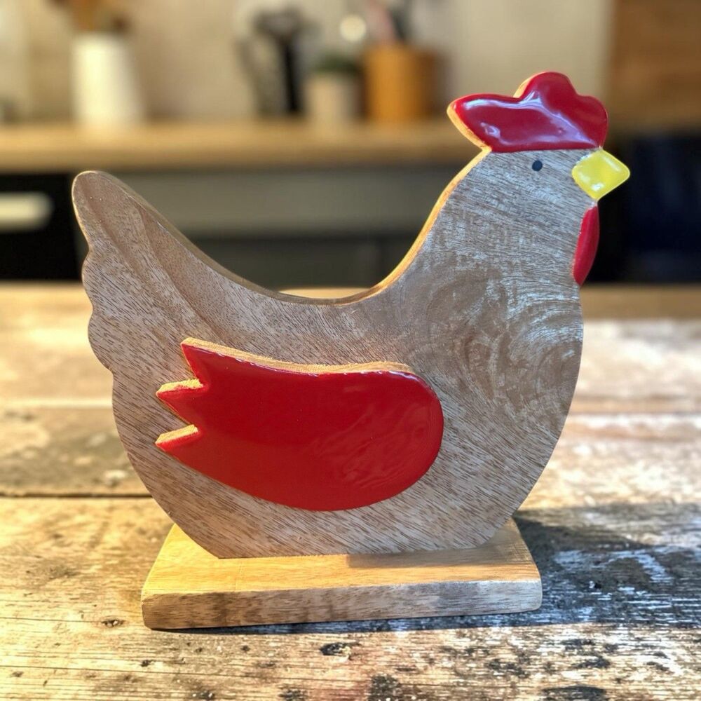Wooden Chicken Farmhouse Decor 7.5” X8” Made In India Country Kitchen